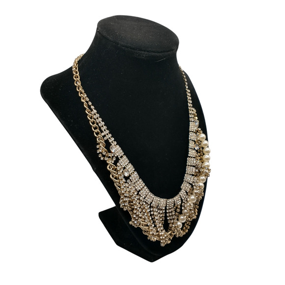 BR Mixed Media 19.5" Necklace Gold Tone Rhinestones Faux Pearls Sparkle Occasion - Picture 4 of 8